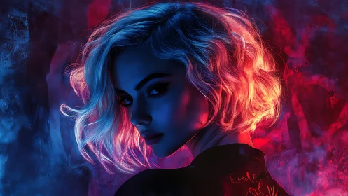 Neon lit portrait of woman with short blonde hair.