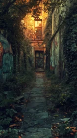 Narrow overgrown alley leads to decayed graffiti doorway at dusk