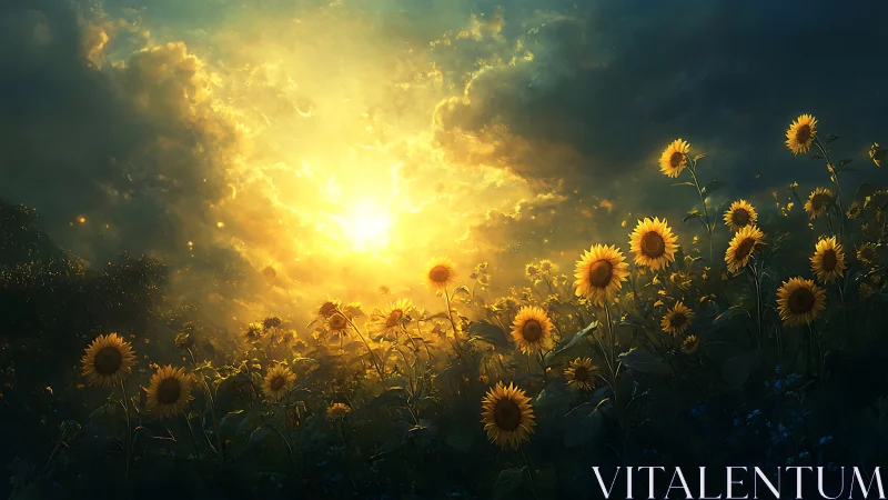 Sunflower choir greeting a storm-split celestial sunrise.