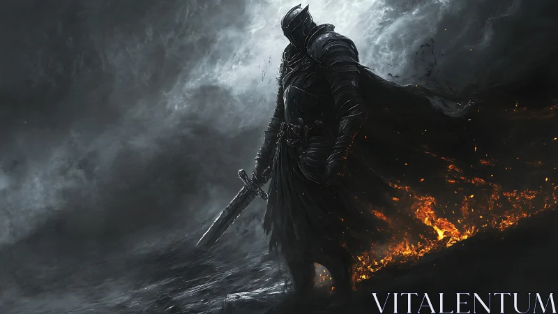 Emberclad knight stalking the stormlit ashes of ruin.