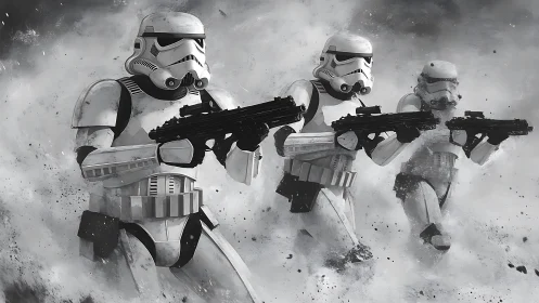 Stormtroopers charging through swirling battlefield smoke.