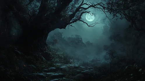 Moonlit forest path wrapped in misty midnight secrets.