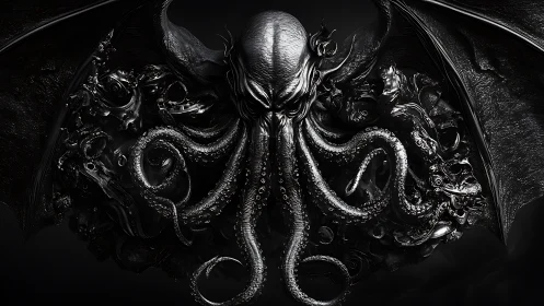 Monochrome Cthulhu bust with wings and coiling tentacles.