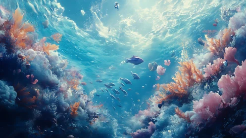 Coral reef dreamscape with luminous blue pelagic fish.