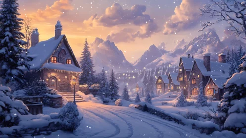 Snowy mountain village glowing with gentle winter magic.