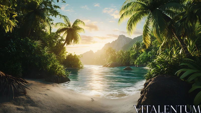 Tropical Paradise: Golden Hour Beach with Mountain Backdrop.