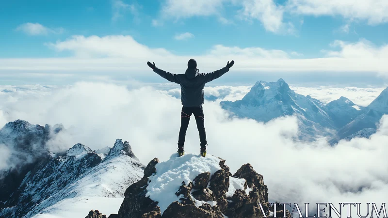 Triumphant hiker under vast alpine sky above snowy peaks.