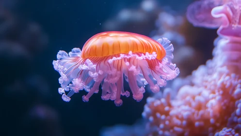 Gentle jellyfish drifting through dreamy coral glow.