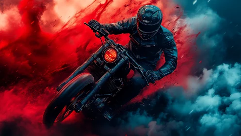 Motorcyclist executes lean in dense red and blue smoke