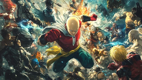 Central bald hero amid surrounding fighters in dynamic clash.