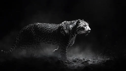 Moonlit predator strides through charcoal stormlight night.