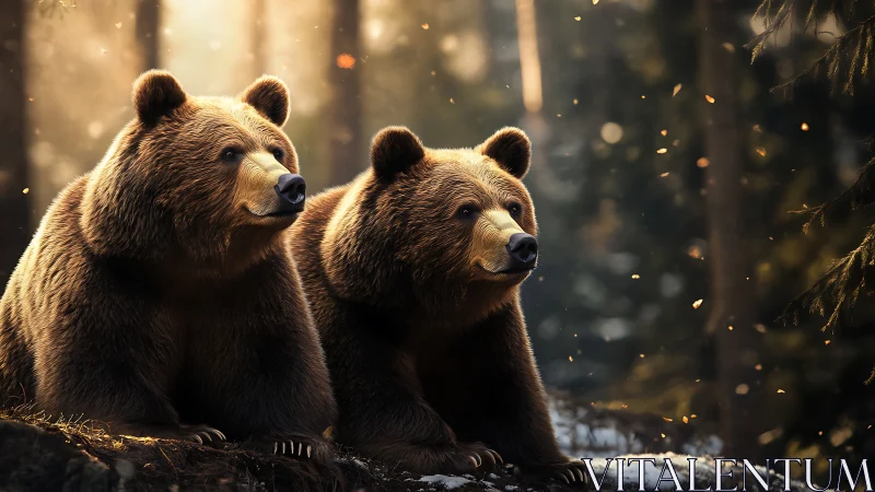 Twin brown bears rendered in warm backlit forest ambience