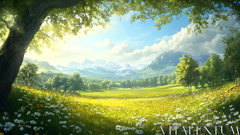 Sunlit alpine meadow panorama under sweeping spring canopy.