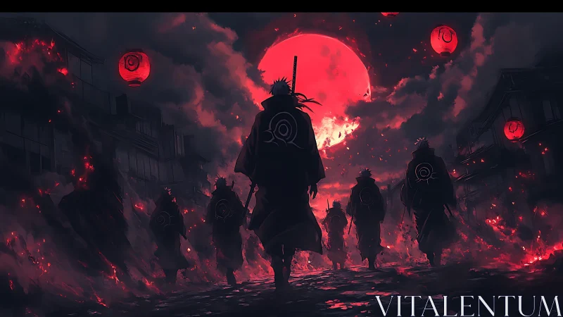 Ronin silhouettes under crimson moonlit ember storm.