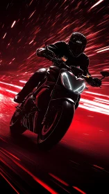 Night rider accelerates through neon red velocity trails