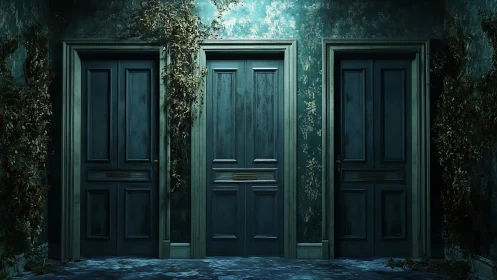Moody corridor with three teal doors and creeping decay.