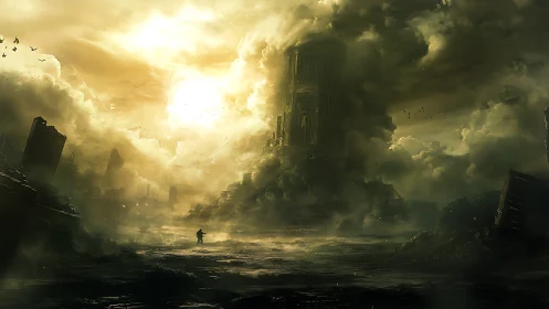 Lone figure crosses ruined plain toward colossal tower