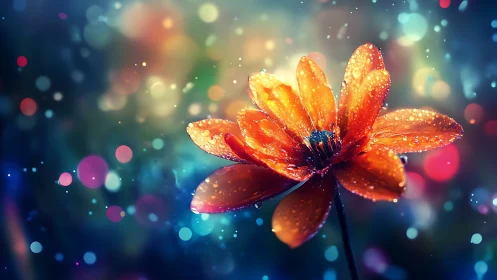 Orange Bloom Against Bokeh Lights with Dewdrops.