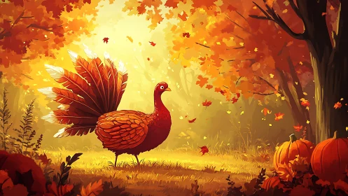 Turkey stands in sunlit autumn forest with pumpkins visible