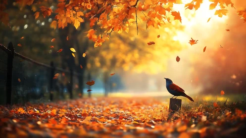 Autumn path glows while solitary bird surveys falling leaves.