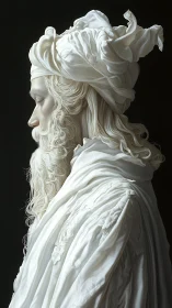 Graceful robed elder in white stands in quiet side profile