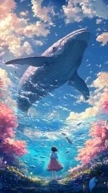 Girl observes suspended ocean with large whale overhead