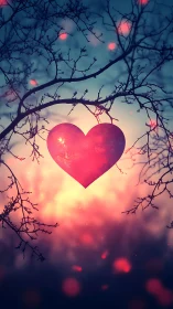 Luminous Heart Suspended Among Bare Branches in Ethereal Twilight