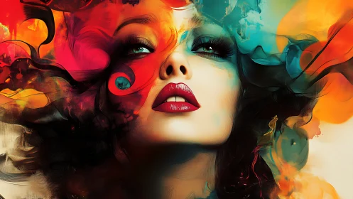Vivid digital portrait of woman in swirling abstract color.
