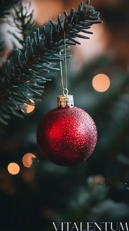 Red Christmas ornament hanging on green fir branch.