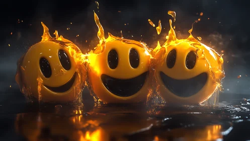 Three molten smiley spheres are aligned on a reflective surface
