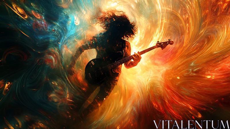 Cosmic bass guitarist engulfed in swirling nebulae blaze.