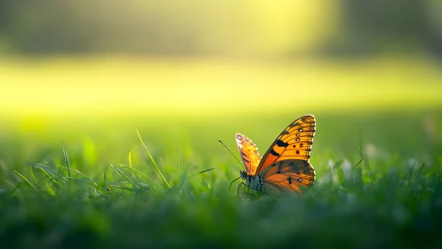 Sunlit butterfly resting quietly in a dreamy green meadow.