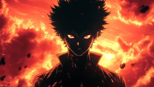 Silhouetted spiky-haired figure before fiery clouded sky.