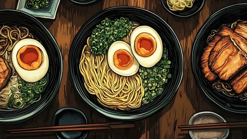 Cozy ramen bowls with golden eggs on a wooden table.
