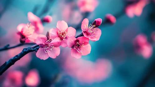 Pink Blossoms Dancing Against Turquoise Dreams.