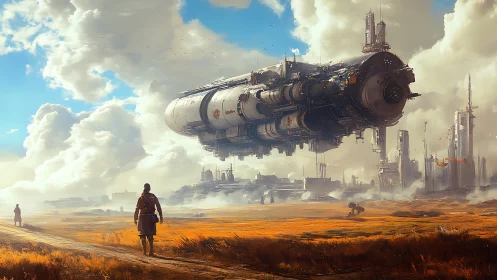 Massive starship descends over windswept frontier plain.