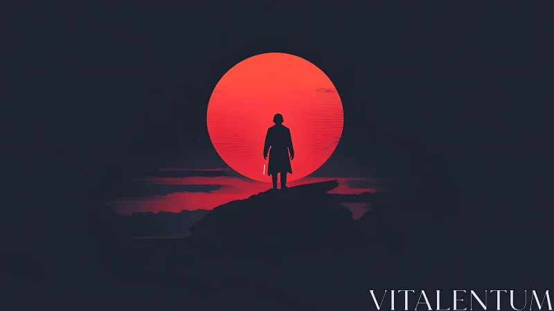 Silhouette faces colossal red sun over dark shoreline.