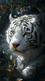 Photorealistic white tiger portrait in dense jungle chiaroscuro.
