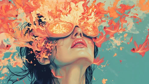 Woman with burning goggles surrounded by orange fish