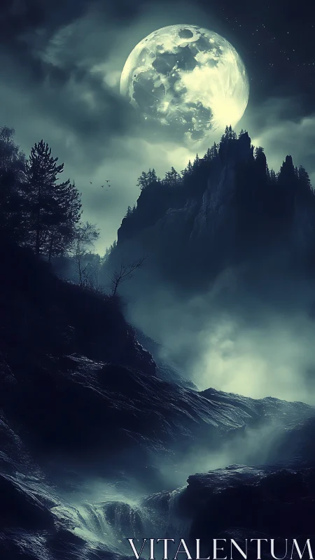 Moon-drenched cliffs and whispering waterfall in spectral hush.