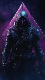 Cyber assassin stands before neon triangle portal.