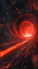 Red energy vortex spirals through dark digital tunnel space