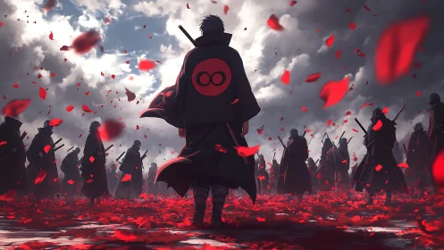 Samurai cloaked commander amid crimson petals under storm clouds