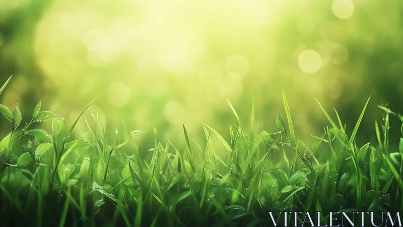Sunlit Morning Dew on Green Grass, Soft Focus Nature Scene.