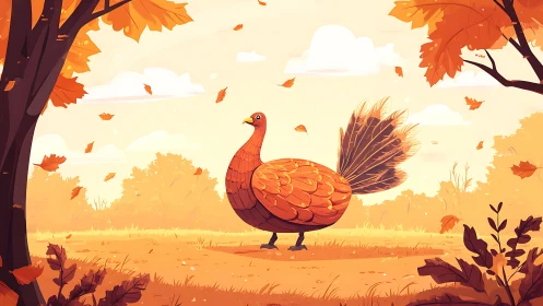 Gentle turkey strolls through a golden autumn forest path