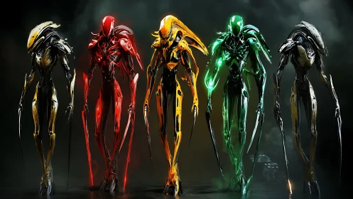 Neon sentinel squad strides through stormlit machine dusk.