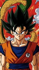 Anime warrior portrait with coiled dragon backdrop.