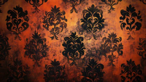 Grunge baroque damask pattern on distressed orange backdrop