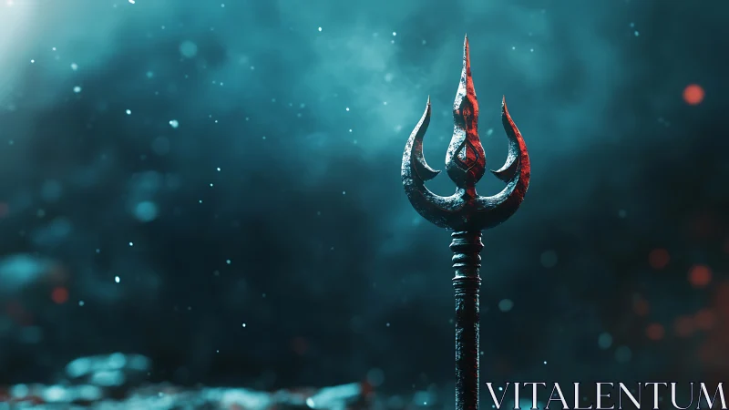 Rust-patinated trident idol in volumetric teal haze field.