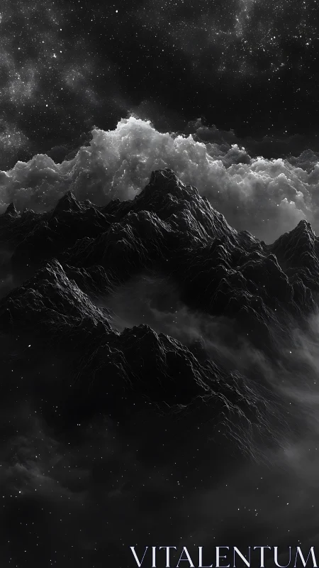 Monochrome mountain range under dense clouds and stars.